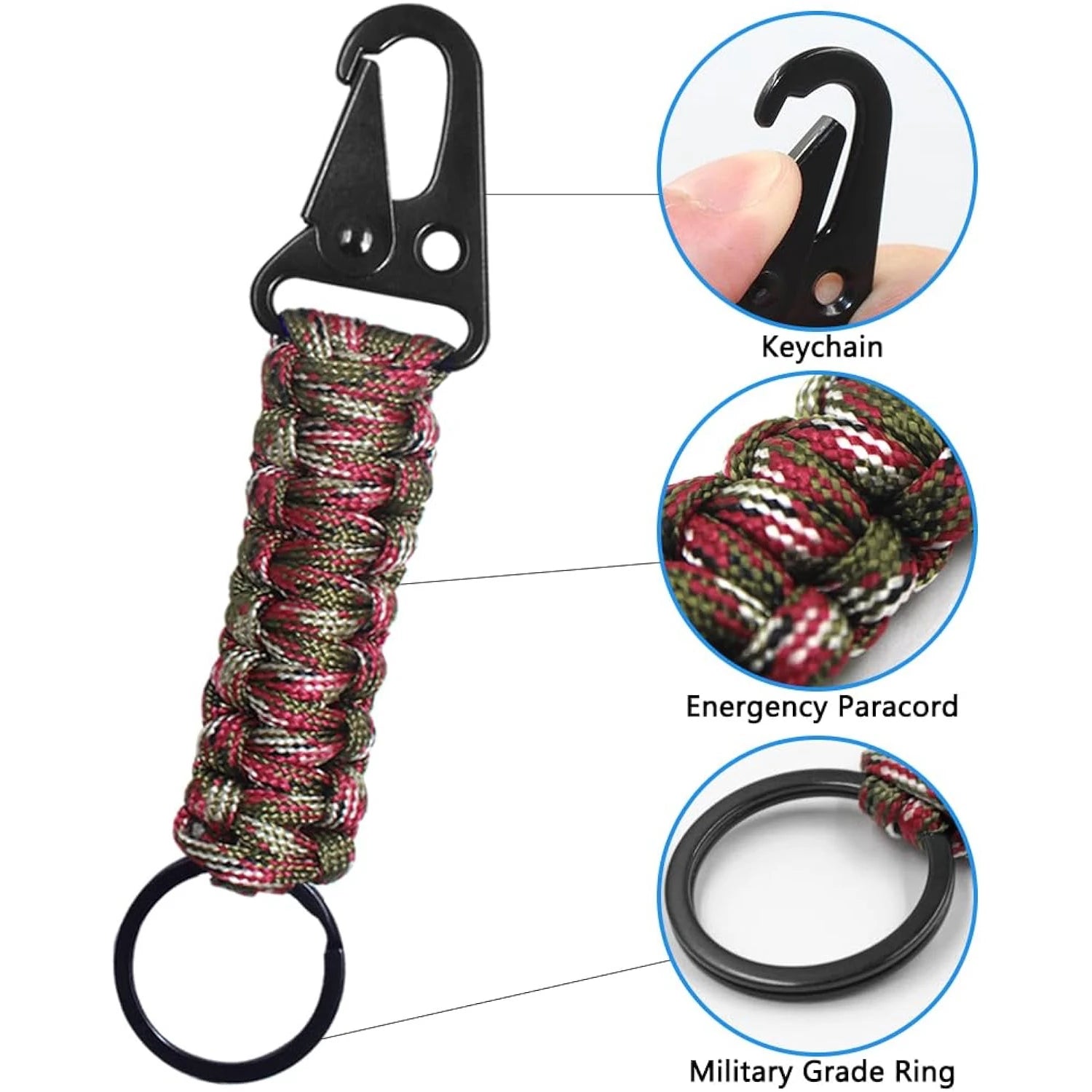 Paracord Keychain Ring Survival Kit Camping Carabiner Military Braided Cord Rope With Clips Lanyard Emergency Knot Outdoor Tools